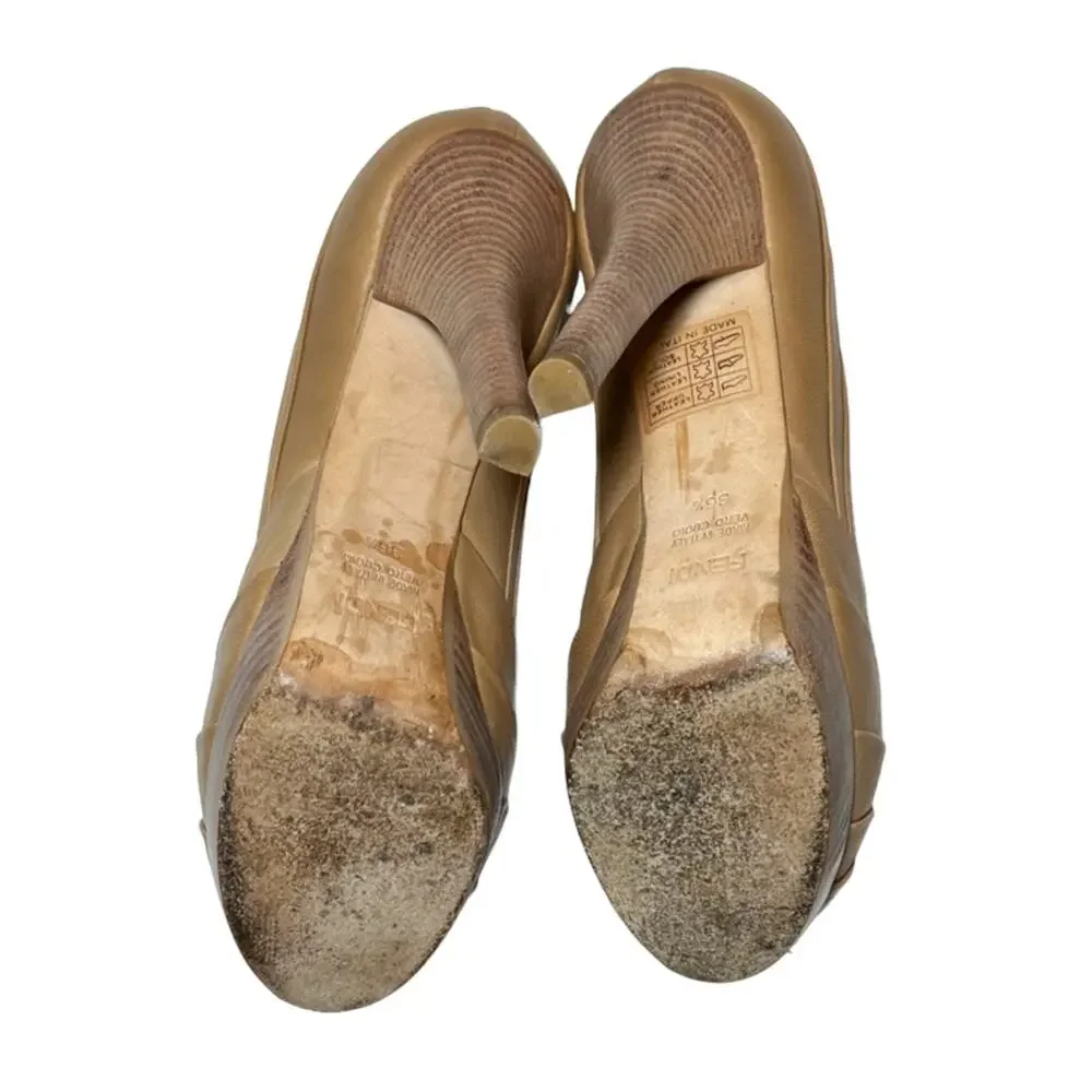 Fendi Fendista Beige Nude Leather Peep Toe Platform Pumps Heels EU 36.5 US 6.5